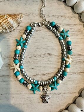 Bracelet Turquoise & Ivory colored  Starfish Double Strand  with Turtle Charm